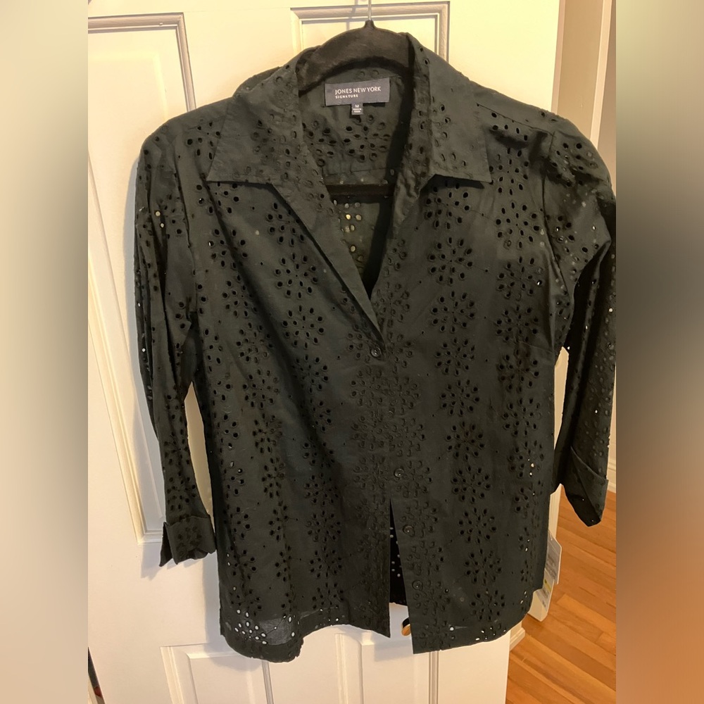 Jones New York Black Cotton Eyelet Blouse